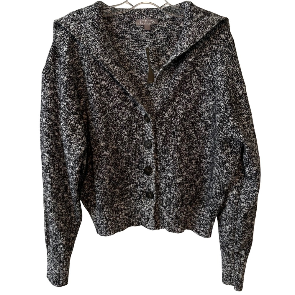 NWT J. Crew Black and White‎ Marled Yarn Sailor Collar Cardigan in Size L
